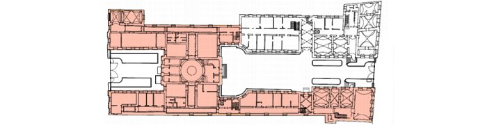 Ground floor plan with parts used by the client marked in red